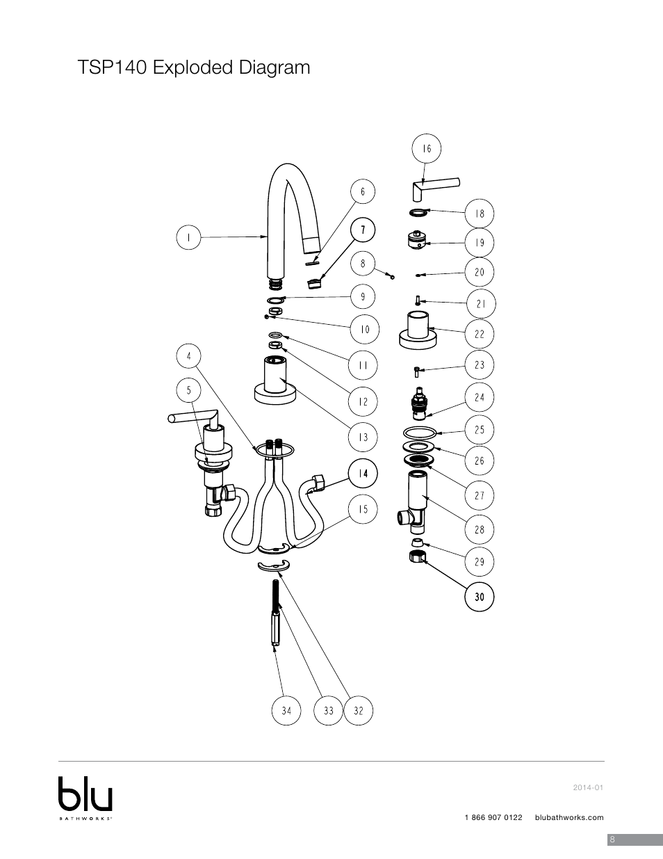 Tsp140 exploded diagram | Blu Bathworks TSP100 User Manual | Page 9 / 13