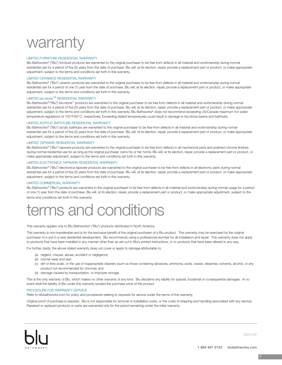 Warranty terms and conditions | Blu Bathworks TSP131 User Manual | Page 10 / 10