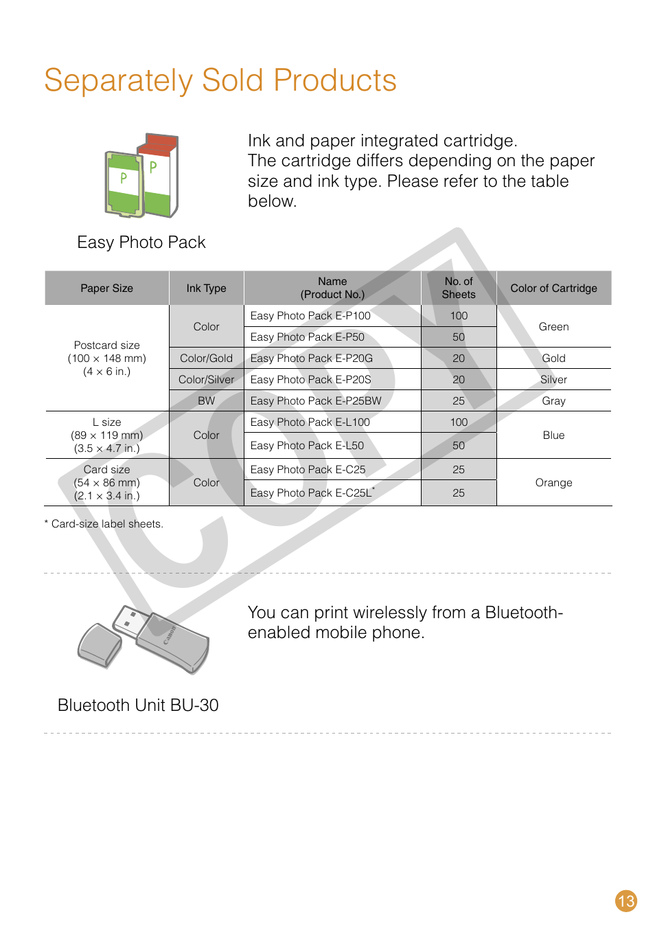 Co py, Separately sold products | Canon SELPHY CDI-E370-010 User Manual | Page 13 / 32