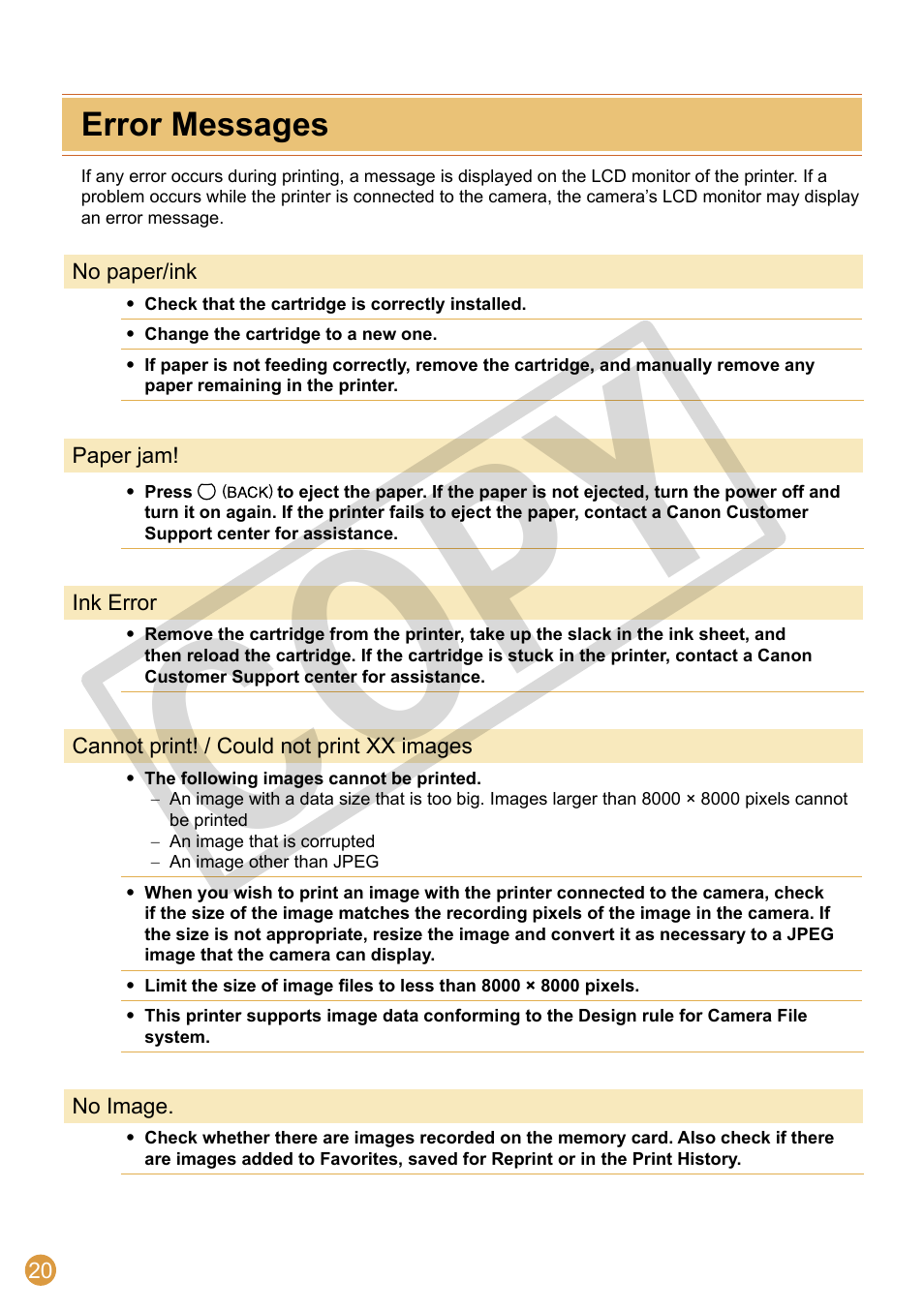 Co py, Error messages | Canon SELPHY CDI-E370-010 User Manual | Page 20 / 32