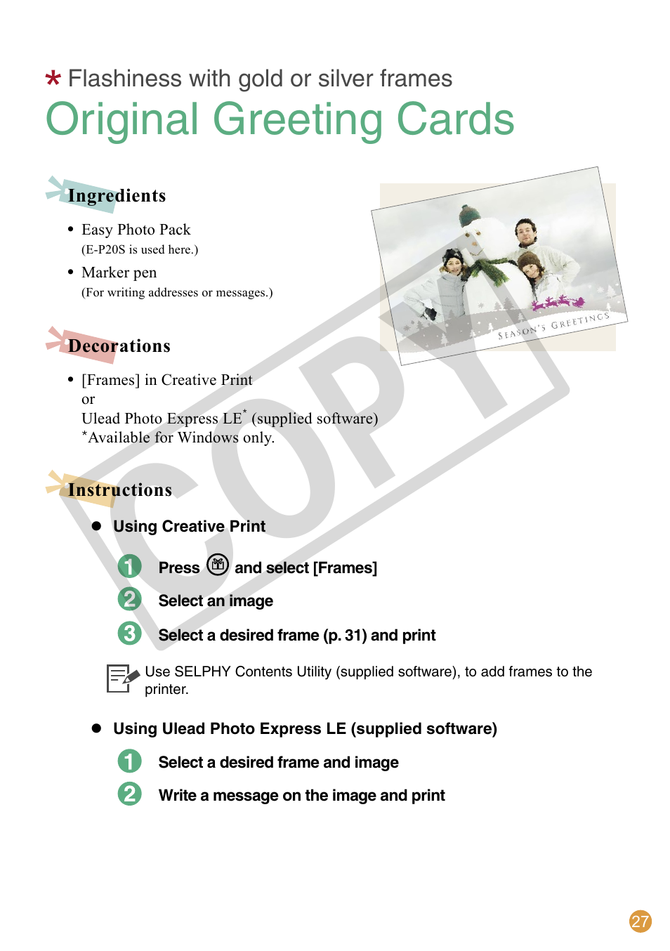 Co py, Original greeting cards | Canon SELPHY CDI-E370-010 User Manual | Page 27 / 32