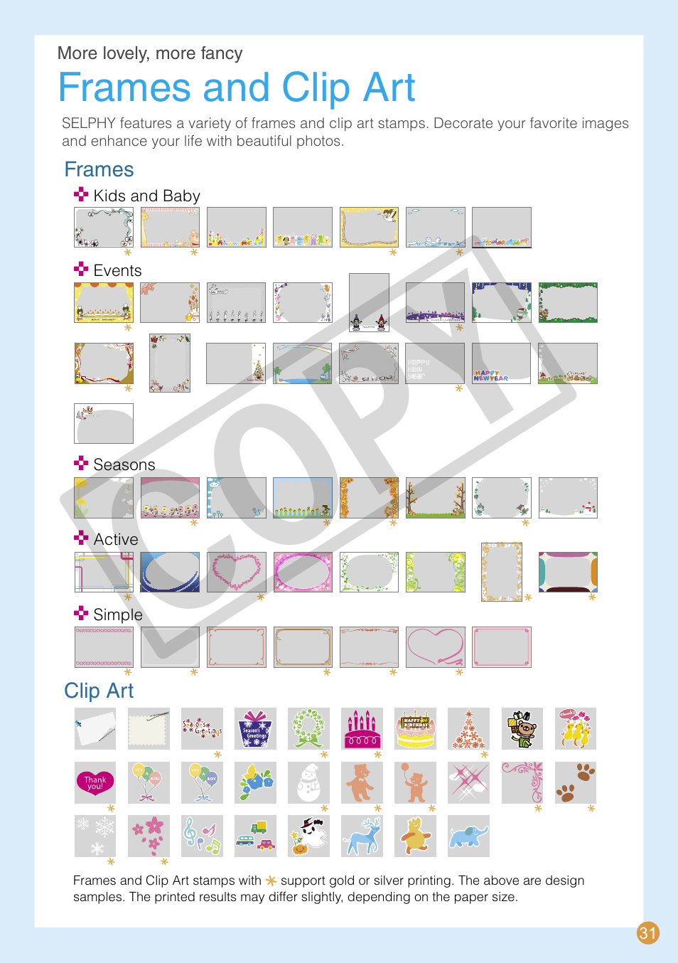 Co py, Frames and clip art | Canon SELPHY CDI-E370-010 User Manual | Page 31 / 32