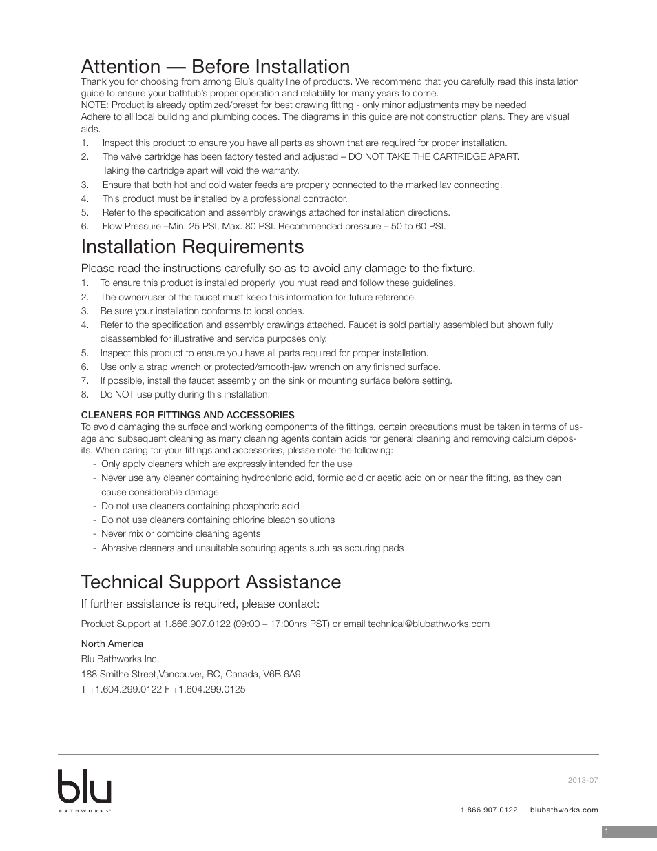 Attention — before installation, Installation requirements, Technical support assistance | Blu Bathworks TSU141 User Manual | Page 2 / 9