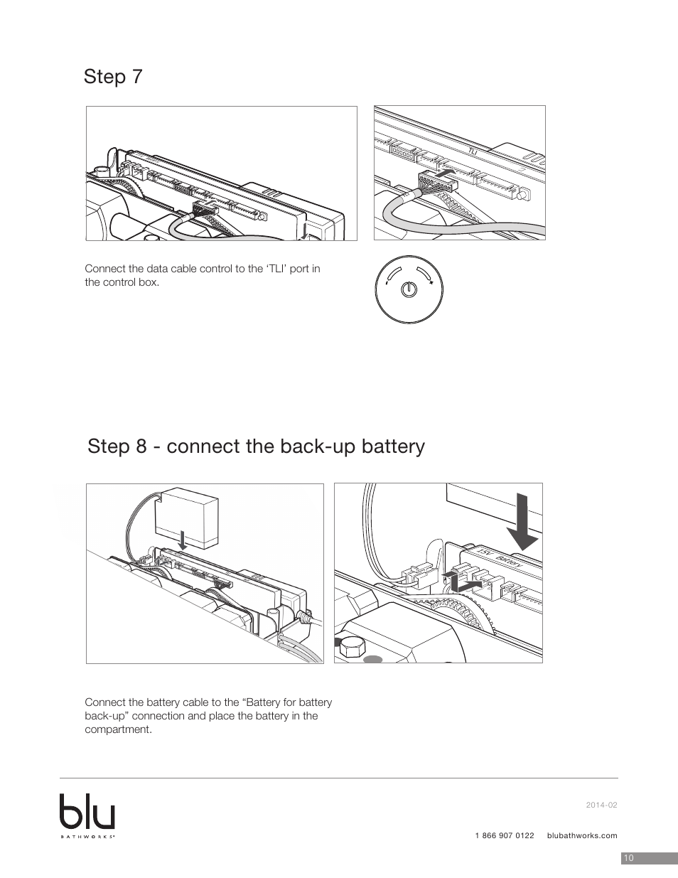 Step 7, Step 8 - connect the back-up battery, Step 22 - connect flow/outlet control data cable | Step 23 - connect back up battery | Blu Bathworks TEP211 User Manual | Page 11 / 17