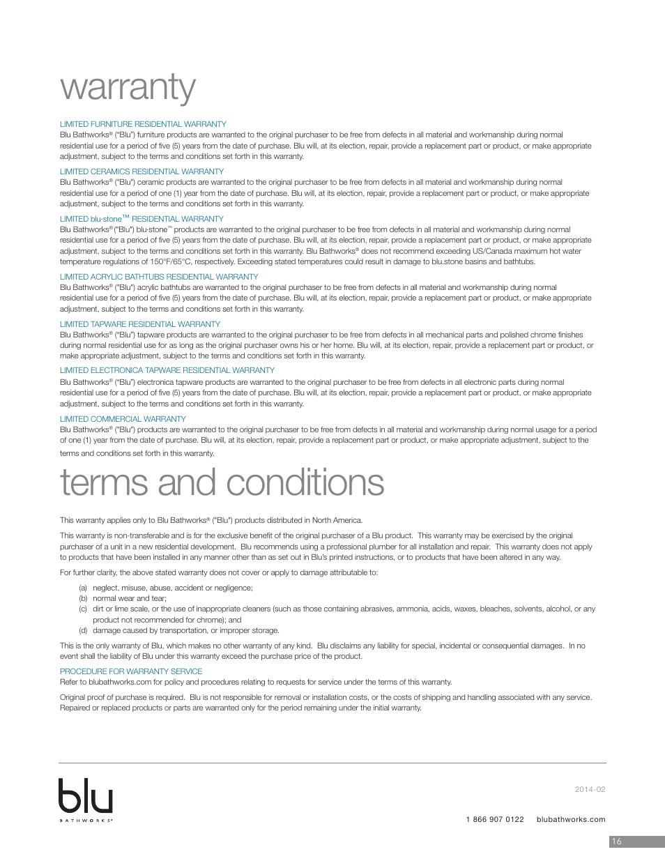 Warranty terms and conditions | Blu Bathworks TEP211 User Manual | Page 17 / 17