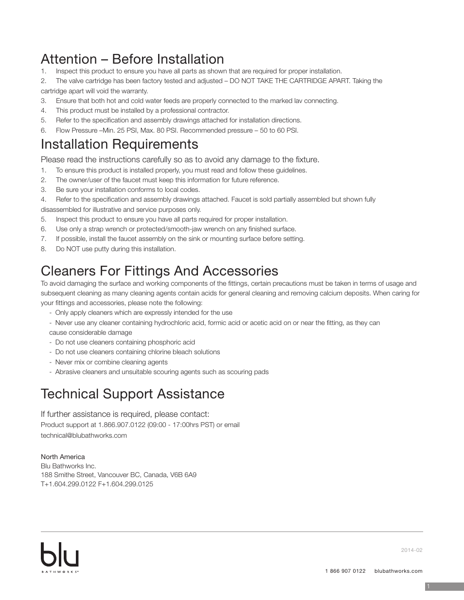 Attention – before installation, Installation requirements, Cleaners for fittings and accessories | Technical support assistance | Blu Bathworks TEP211 User Manual | Page 2 / 17