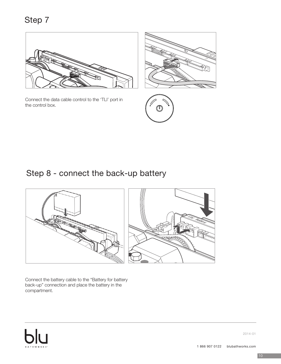 Step 7, Step 8 - connect the back-up battery, Step 22 - connect flow/outlet control data cable | Step 23 - connect back up battery | Blu Bathworks TEU211 User Manual | Page 11 / 16