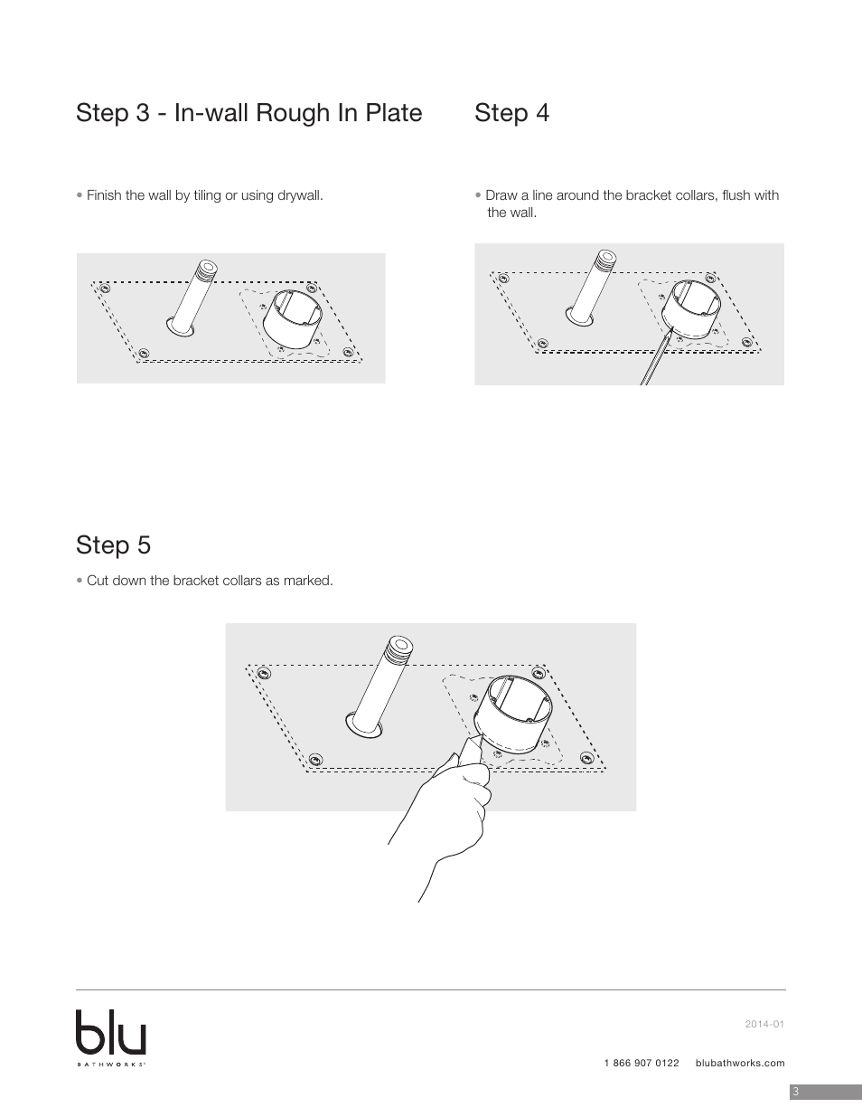 Step 3 - in-wall rough in plate, Step 4, Step 5 | Blu Bathworks TEU211 User Manual | Page 4 / 16