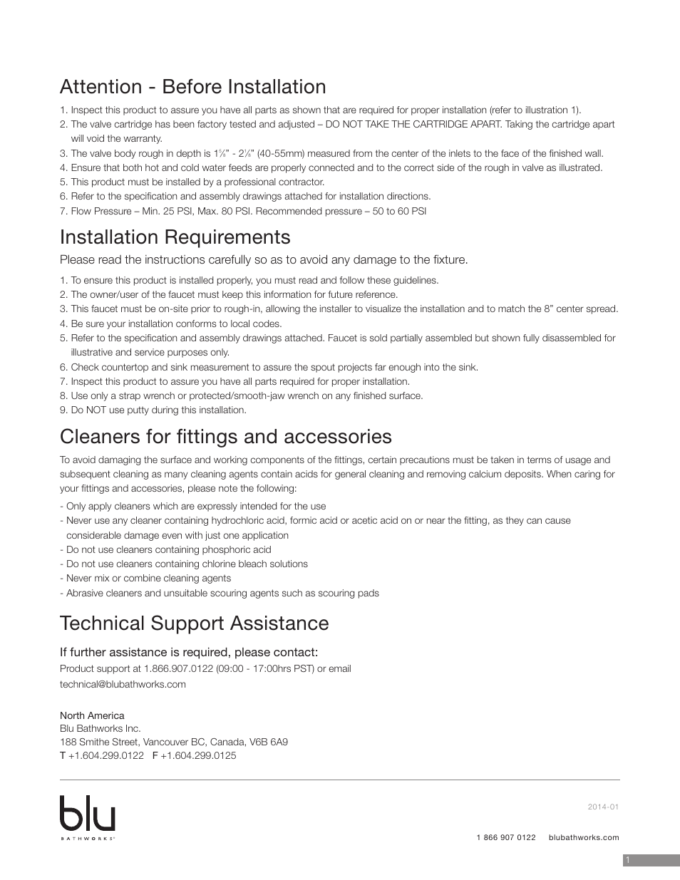 Attention - before installation, Installation requirements, Cleaners for fittings and accessories | Technical support assistance | Blu Bathworks TSP210 User Manual | Page 2 / 7
