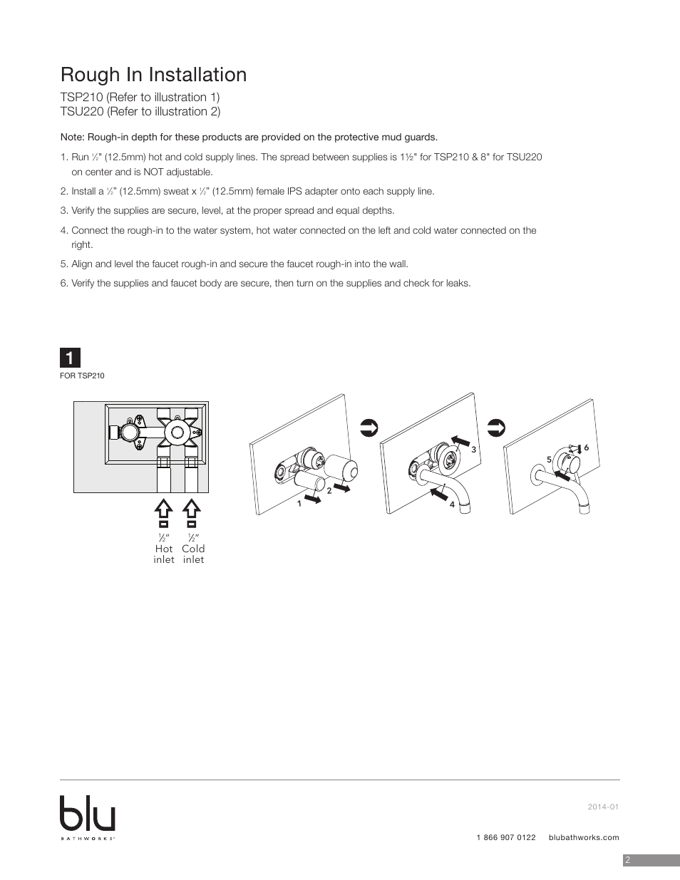 Rough in installation, Connect cold inlet connect hot inlet | Blu Bathworks TSP210 User Manual | Page 3 / 7