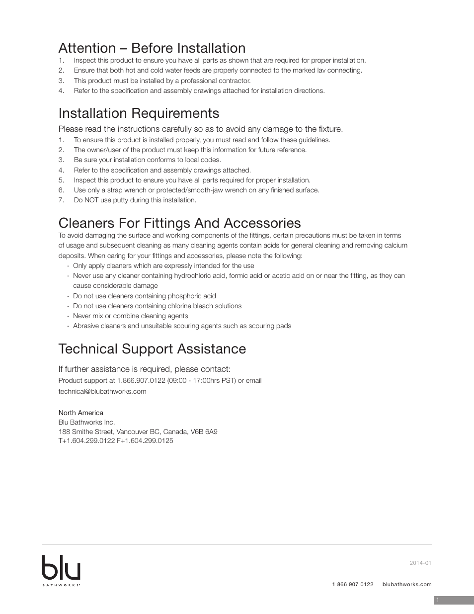 Attention – before installation, Installation requirements, Cleaners for fittings and accessories | Technical support assistance | Blu Bathworks TB206 User Manual | Page 2 / 8