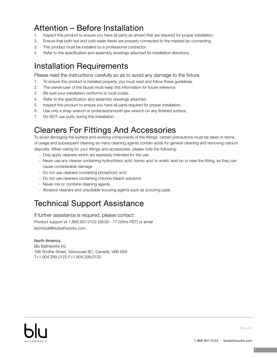 Attention – before installation, Installation requirements, Cleaners for fittings and accessories | Technical support assistance | Blu Bathworks TD301 User Manual | Page 2 / 7