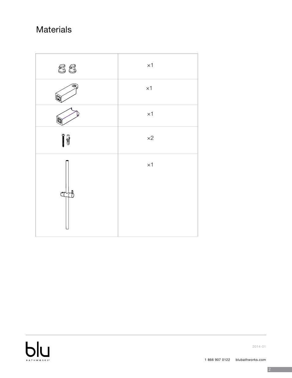 Materials | Blu Bathworks TD301 User Manual | Page 3 / 7