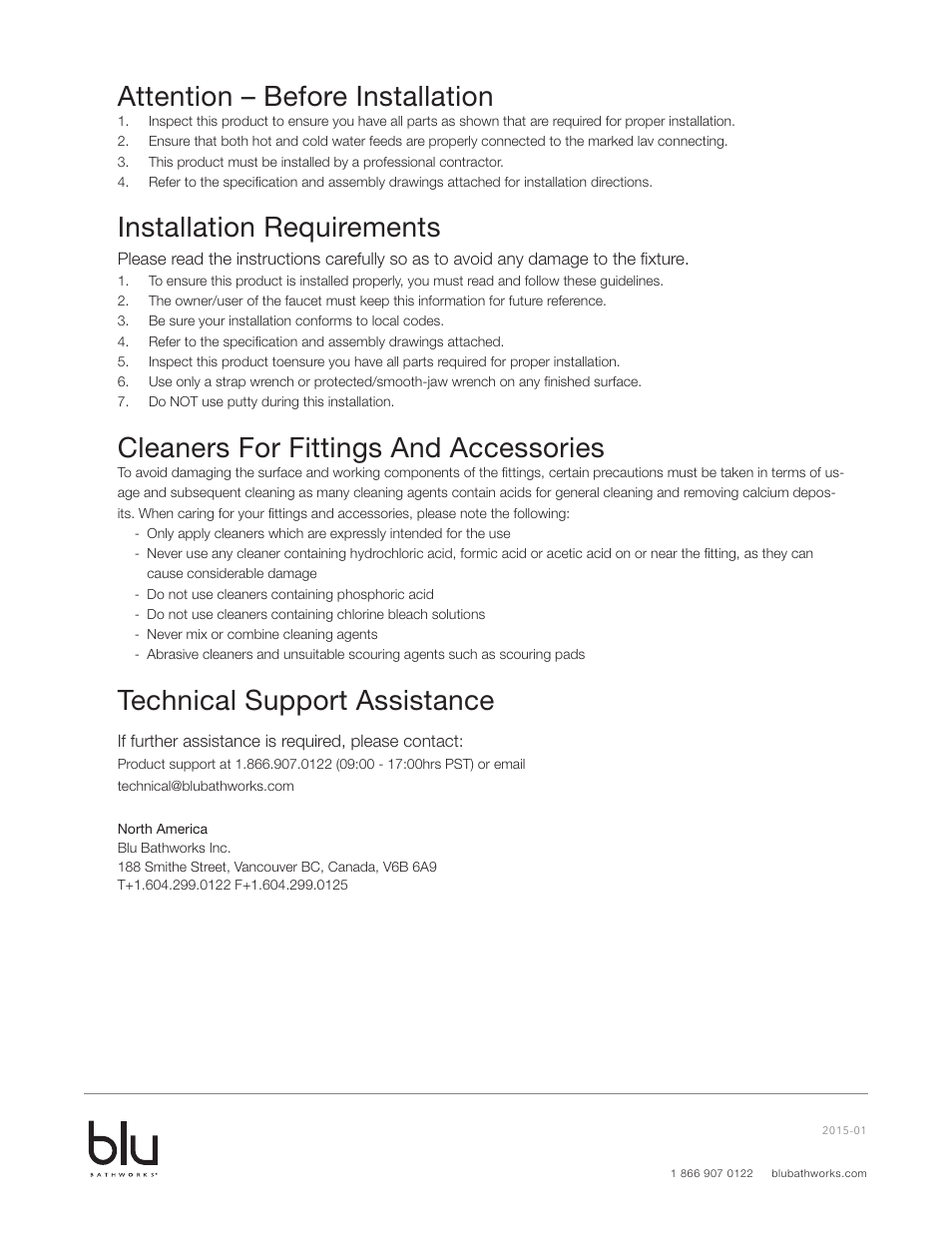 Attention – before installation, Installation requirements, Cleaners for fittings and accessories | Technical support assistance | Blu Bathworks TE702 User Manual | Page 2 / 9