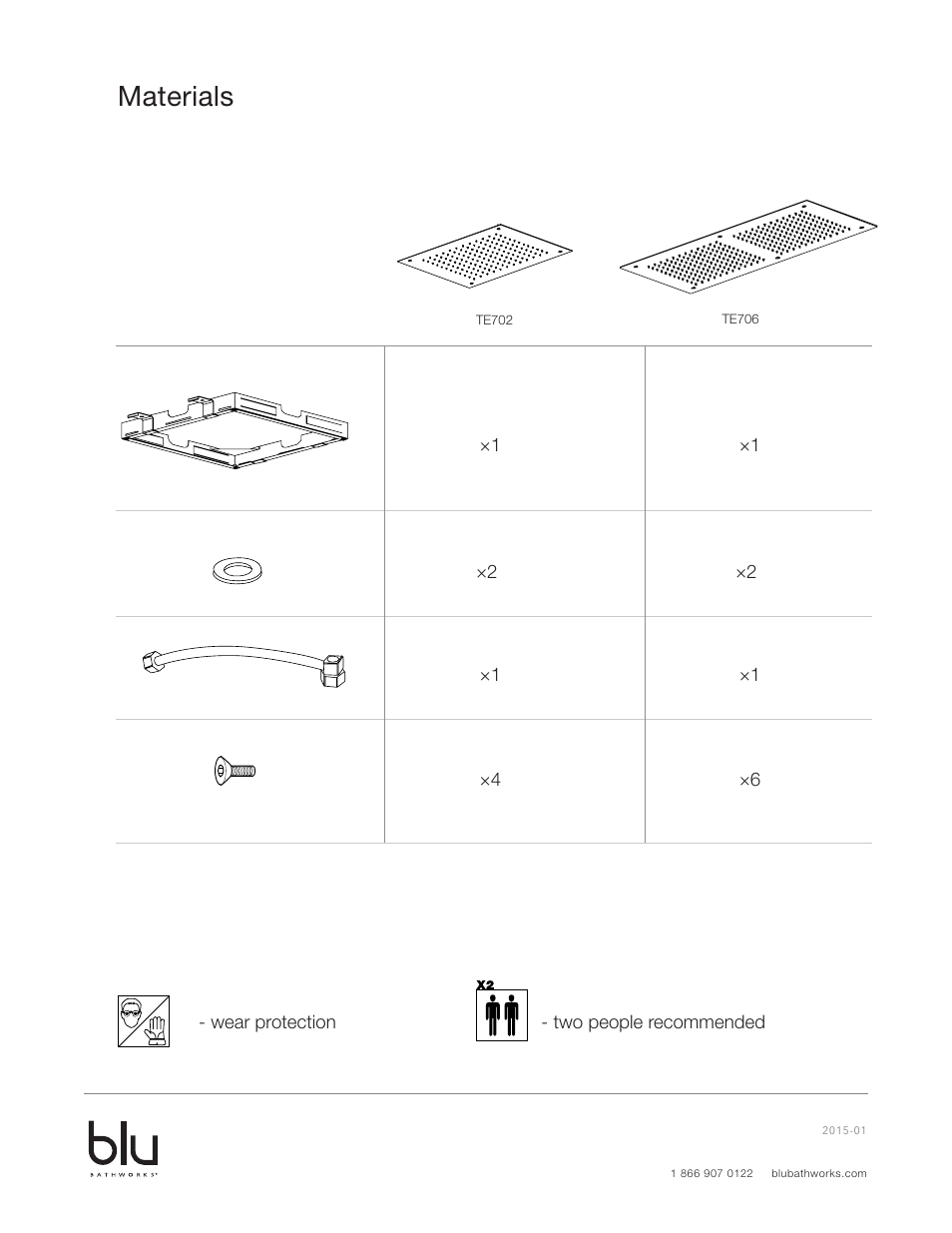 Materials | Blu Bathworks TE702 User Manual | Page 3 / 9