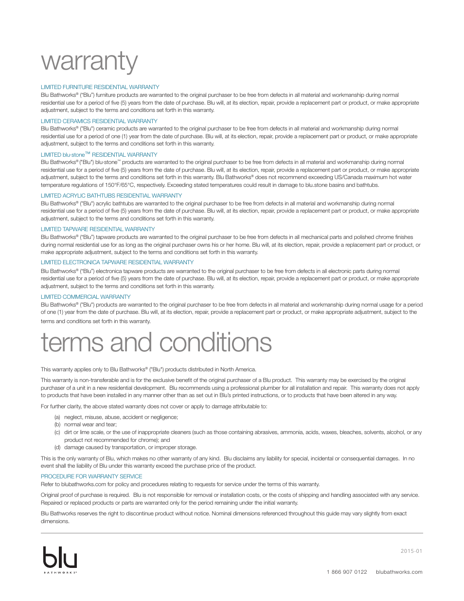 Warranty terms and conditions | Blu Bathworks TE702 User Manual | Page 9 / 9