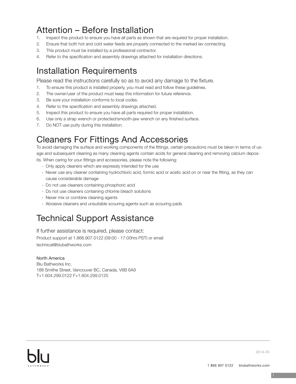 Attention – before installation, Installation requirements, Cleaners for fittings and accessories | Technical support assistance | Blu Bathworks TE704 User Manual | Page 2 / 8
