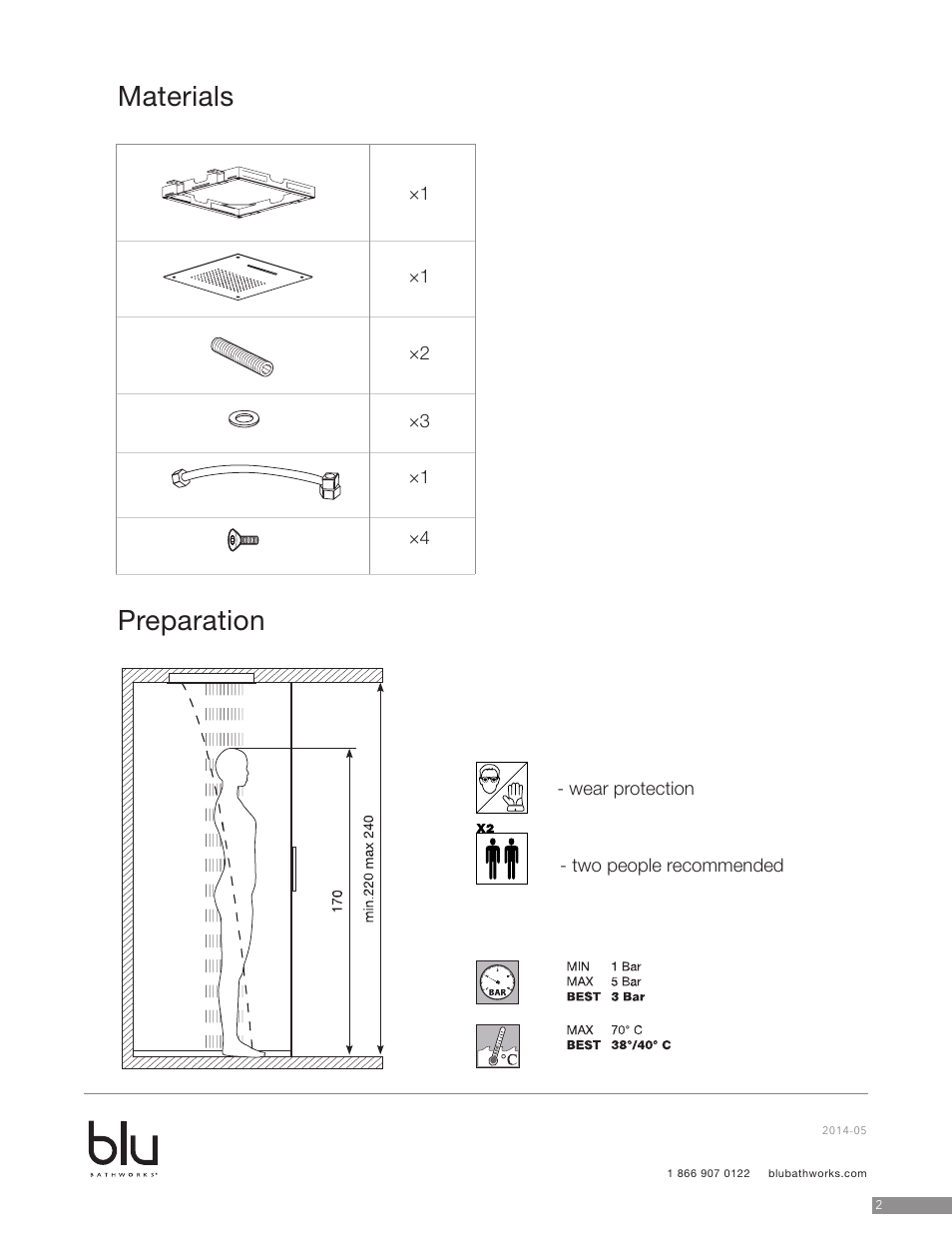 Materials, Preparation | Blu Bathworks TE704 User Manual | Page 3 / 8