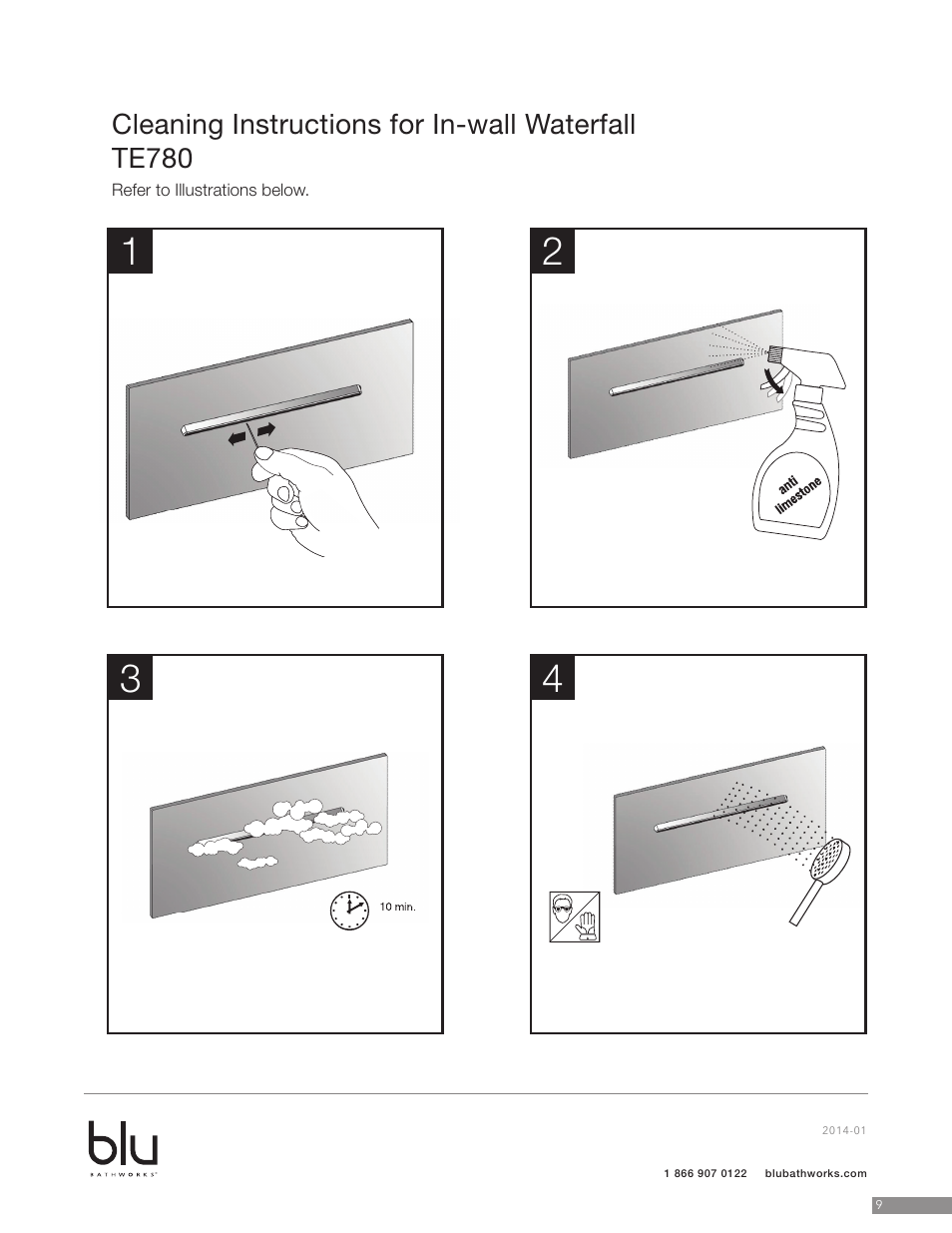 Cleaning instructions for in-wall waterfall te780 | Blu Bathworks TE780 User Manual | Page 10 / 12