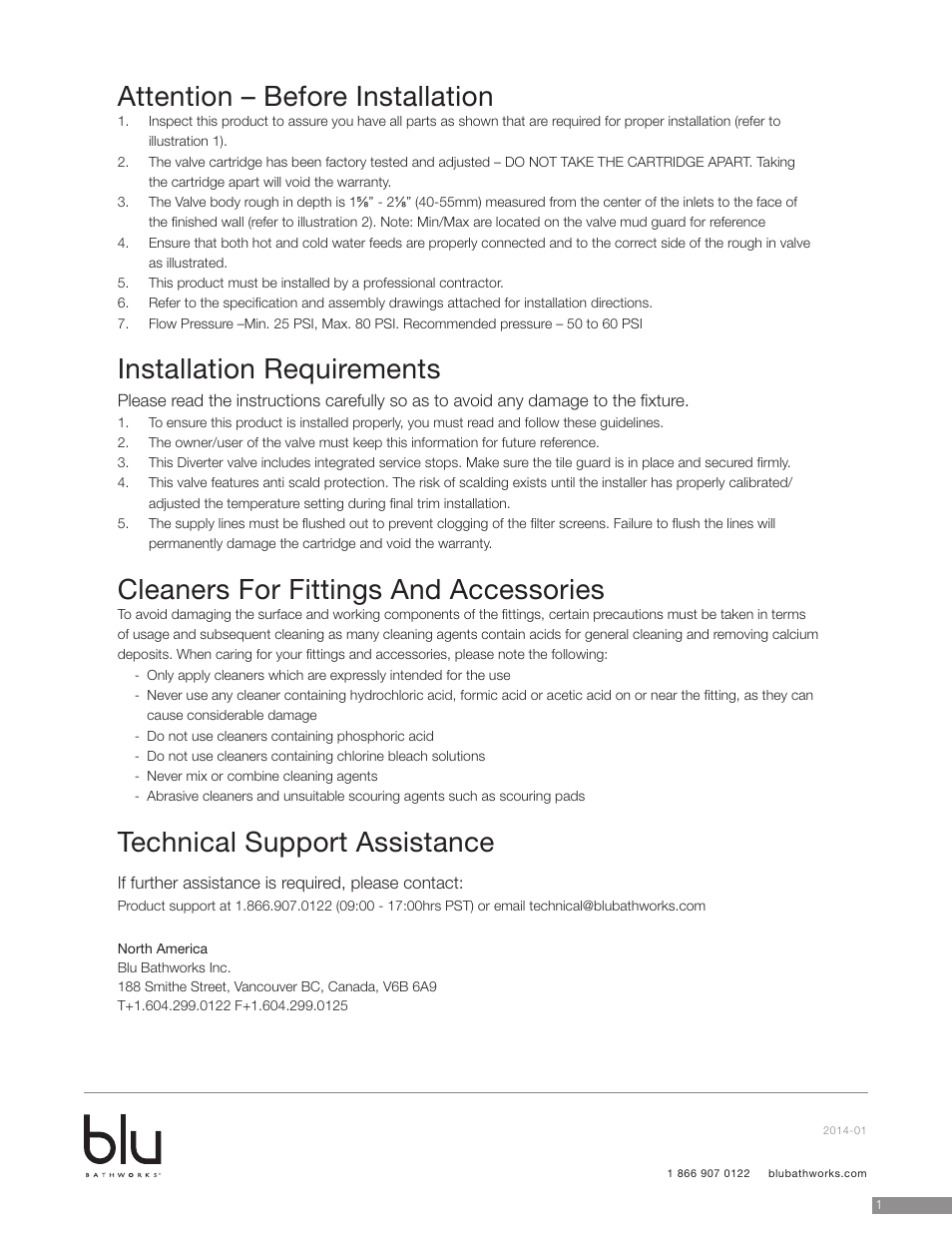 Attention – before installation, Installation requirements, Cleaners for fittings and accessories | Technical support assistance | Blu Bathworks TSP811S User Manual | Page 2 / 15