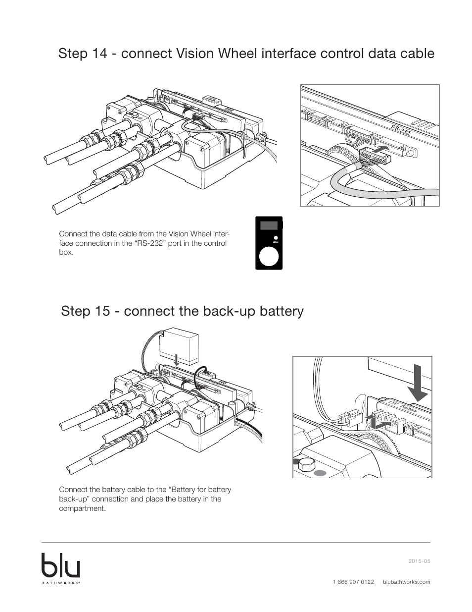 Step 22 - connect flow/outlet control data cable, Step 23 - connect back up battery | Blu Bathworks TEE300 User Manual | Page 13 / 15