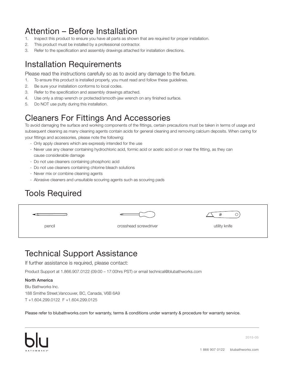 Attention – before installation, Installation requirements, Cleaners for fittings and accessories | Tools required technical support assistance | Blu Bathworks TEE300 User Manual | Page 2 / 15