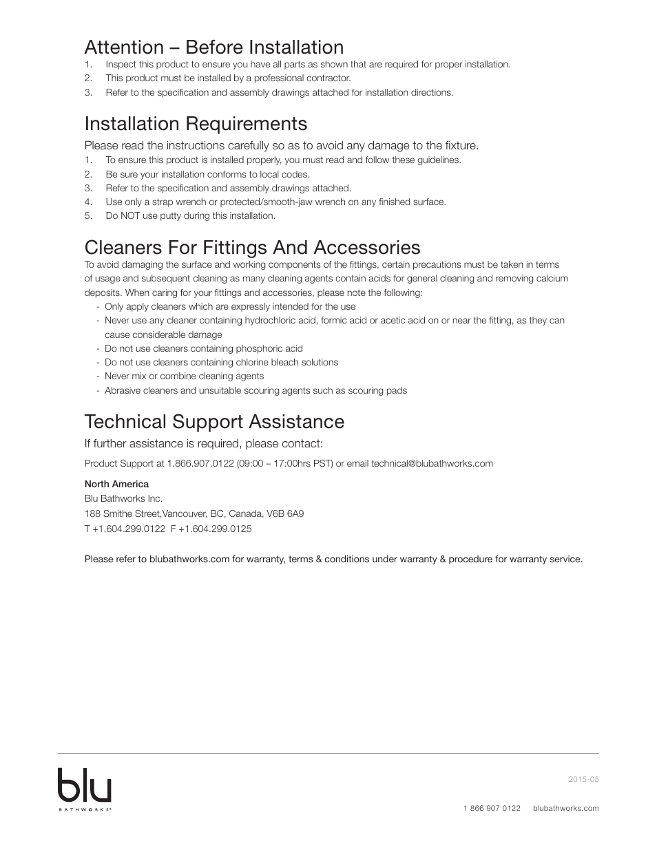Attention – before installation, Installation requirements, Cleaners for fittings and accessories | Technical support assistance | Blu Bathworks TEE300 User Manual | Page 8 / 15