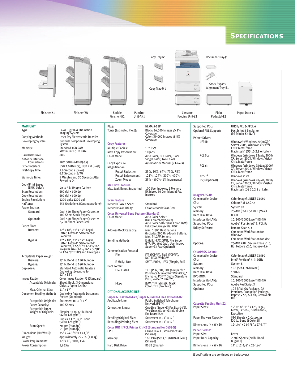 Specifications | Canon C4580 Series User Manual | Page 11 / 12