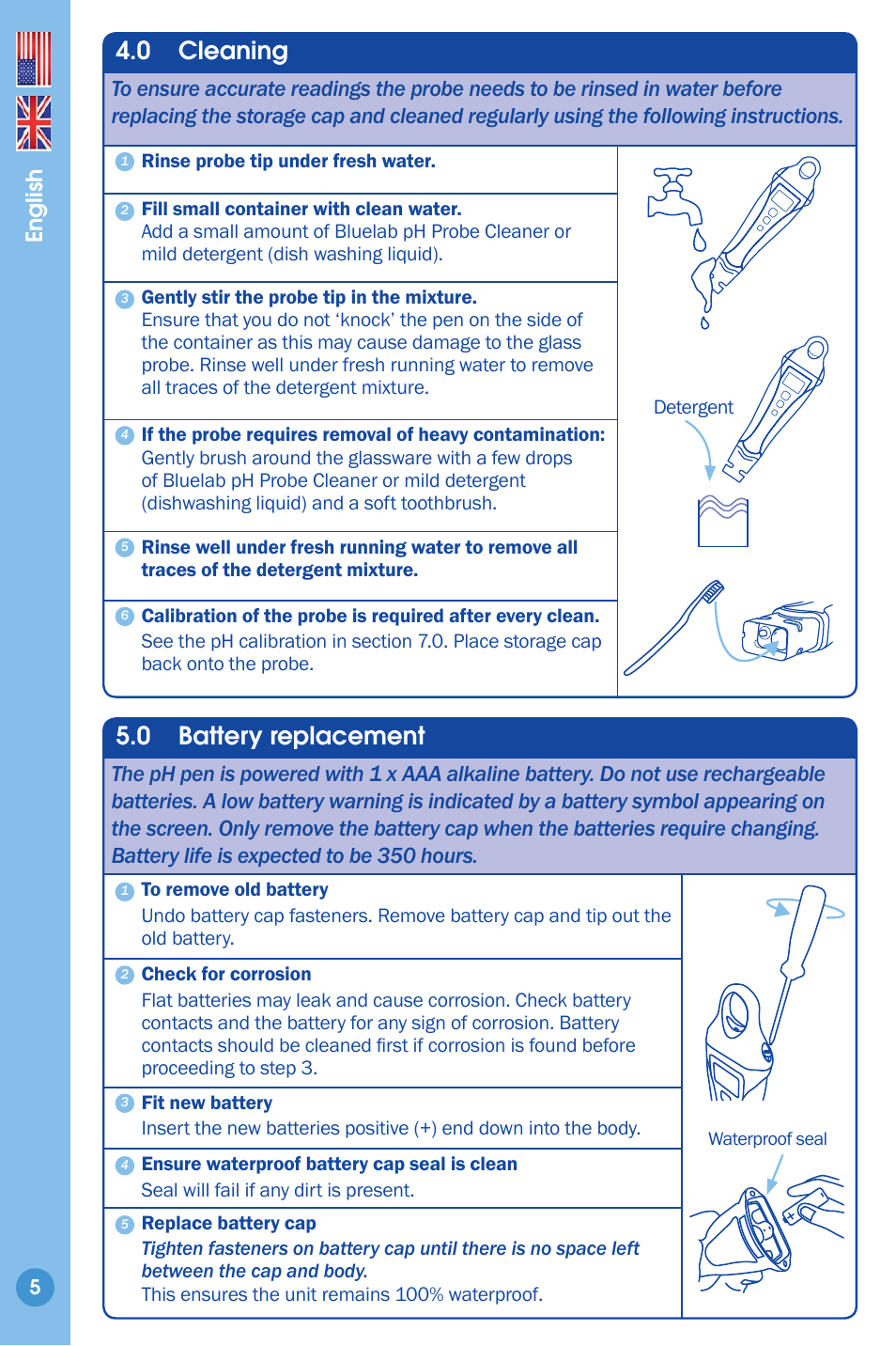 Cleaning 5, Battery replacement, 0 cleaning | 0 battery replacement, English | Bluelab pH Pen User Manual | Page 5 / 9