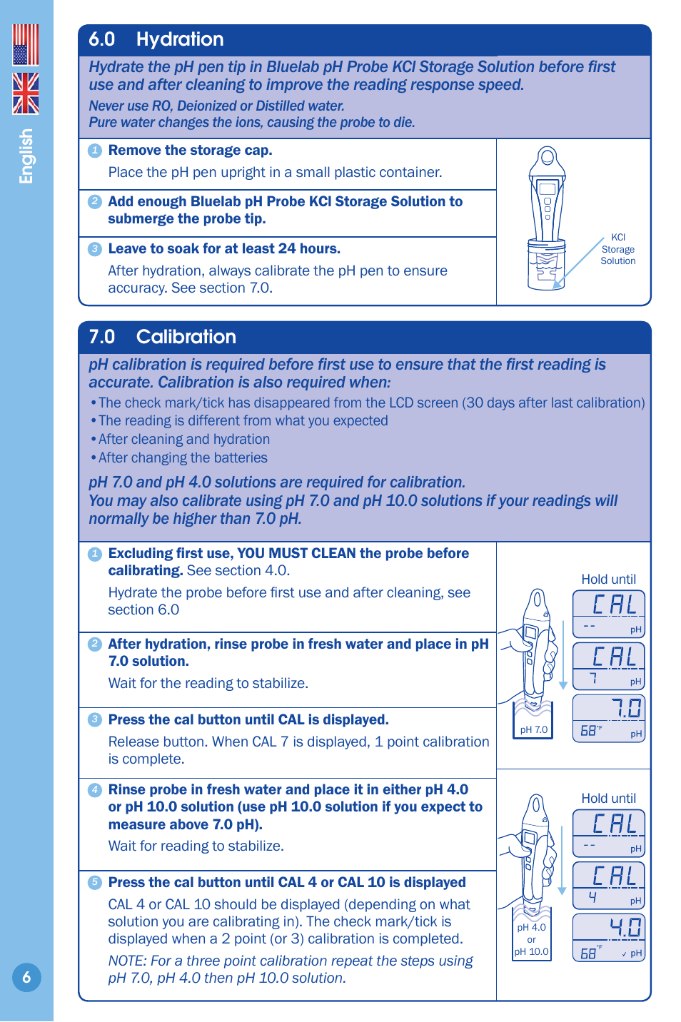 Hydration 6, Calibration 6, 0 hydration | 0 calibration, English | Bluelab pH Pen User Manual | Page 6 / 9