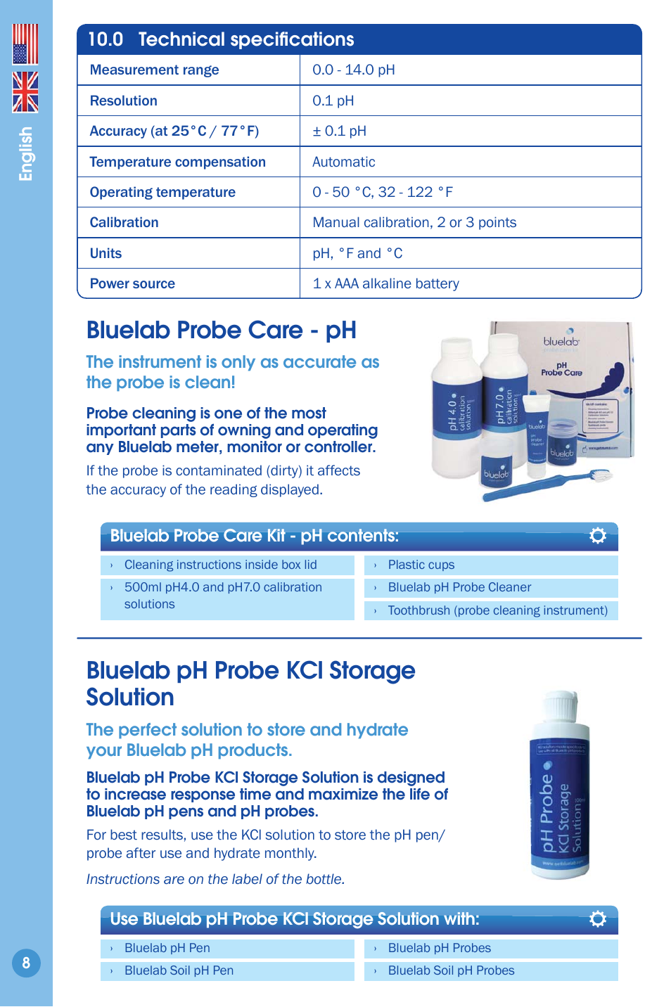 Technical specifi cations, Bluelab probe care kit - ph, Bluelab ph probe kcl storage solution | Bluelab probe care - ph, 0 technical specifi cations | Bluelab pH Pen User Manual | Page 8 / 9