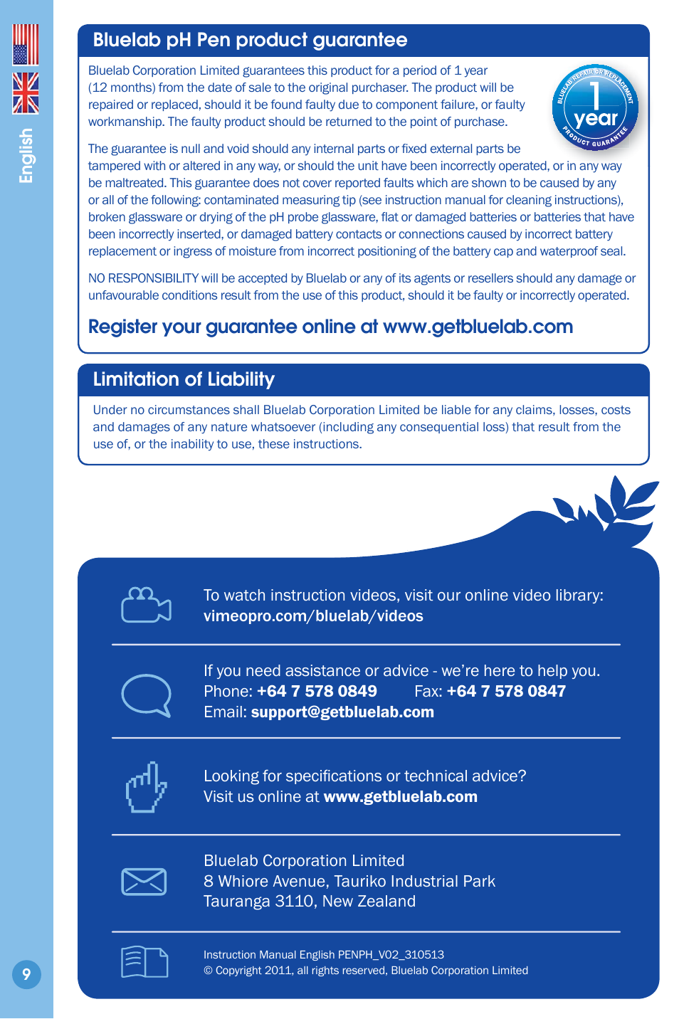 Product guarantee, Contact details, Bluelab ph pen product guarantee | Limitation of liability | Bluelab pH Pen User Manual | Page 9 / 9