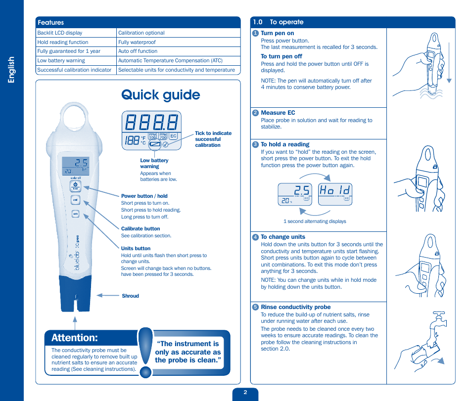 Quick guide, Attention, English | Bluelab EC Pen User Manual | Page 2 / 7