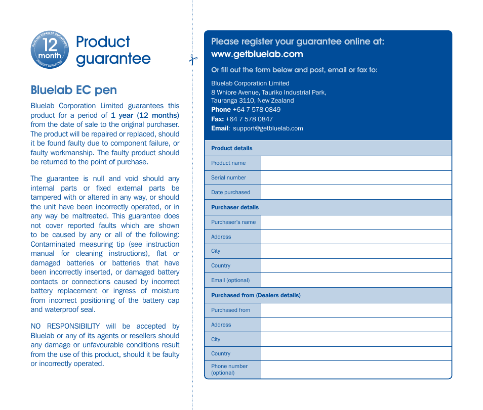 Product guarantee, Bluelab ec pen | Bluelab EC Pen User Manual | Page 5 / 7