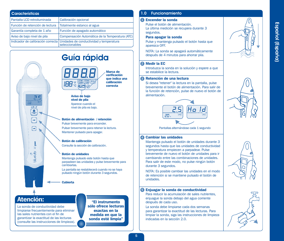 Guía rápida, Atención, Español (españa) | Bluelab EC Pen User Manual | Page 2 / 7