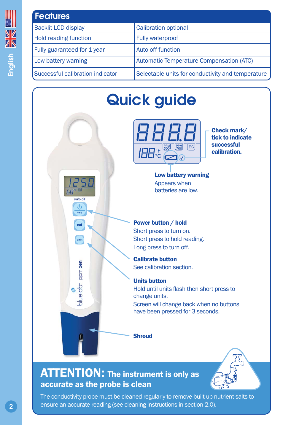 Features 2, Quick guide, Attention | Features | Bluelab ppm Pen User Manual | Page 2 / 9