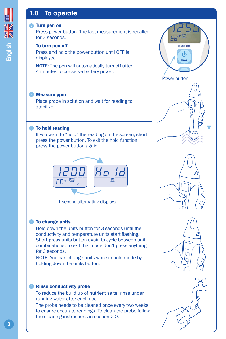 To operate, 0 to operate, English | Bluelab ppm Pen User Manual | Page 3 / 9