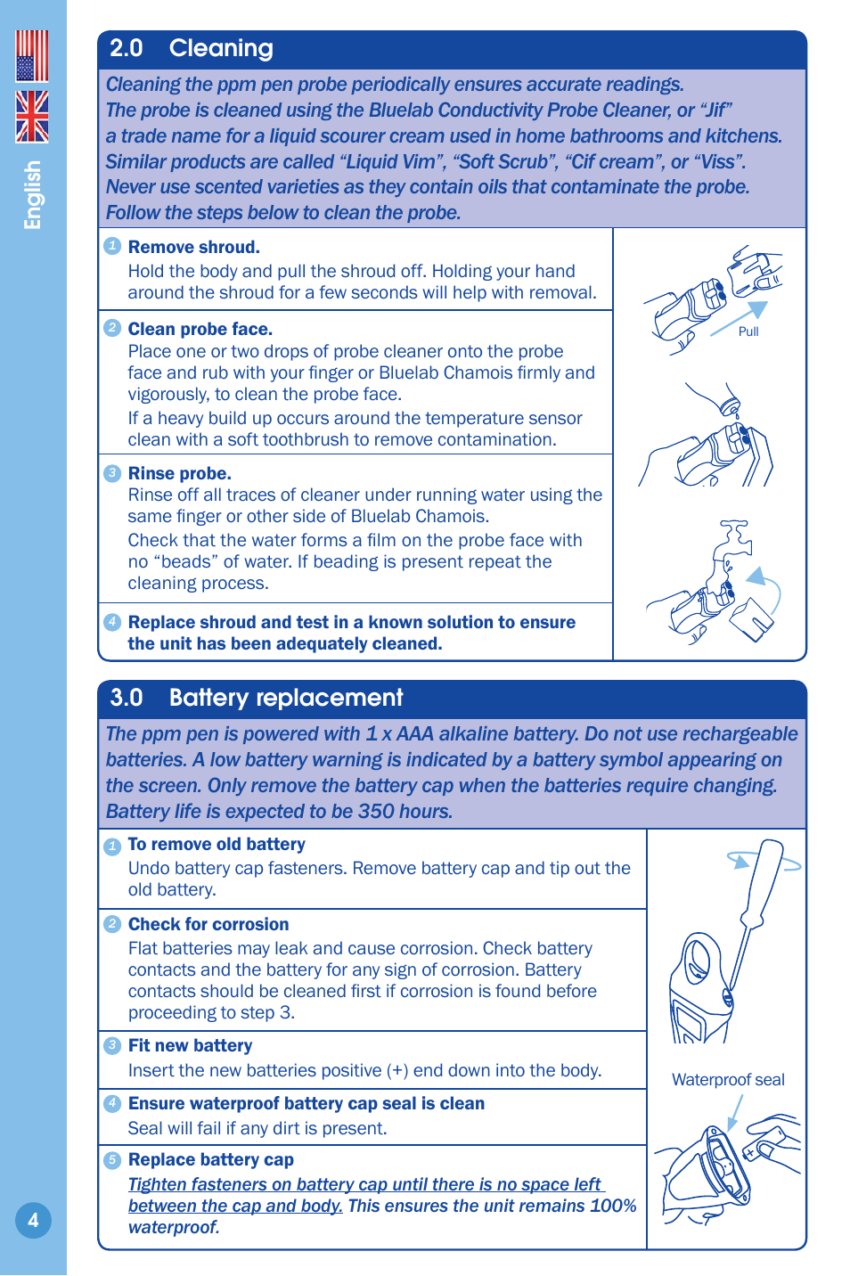 Cleaning 4, Battery replacement, 0 cleaning | 0 battery replacement, English | Bluelab ppm Pen User Manual | Page 4 / 9