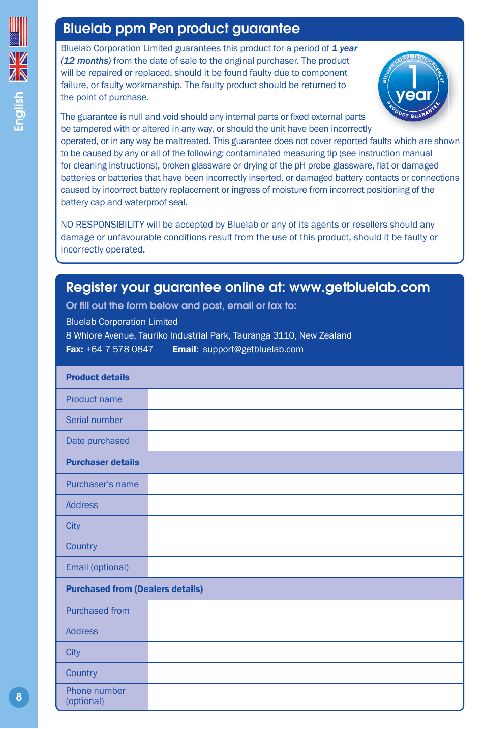 Product guarantee, Blulelab probe care kits, Year | Year ea ea, Bluelab ppm pen product guarantee, English | Bluelab ppm Pen User Manual | Page 8 / 9