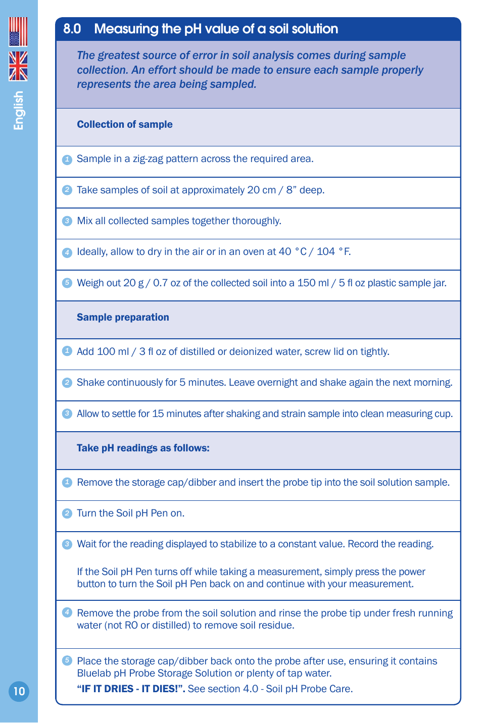 Measuring ph value of a soil solution, 0 measuring the ph value of a soil solution, English | Bluelab Soil pH Pen User Manual | Page 10 / 15