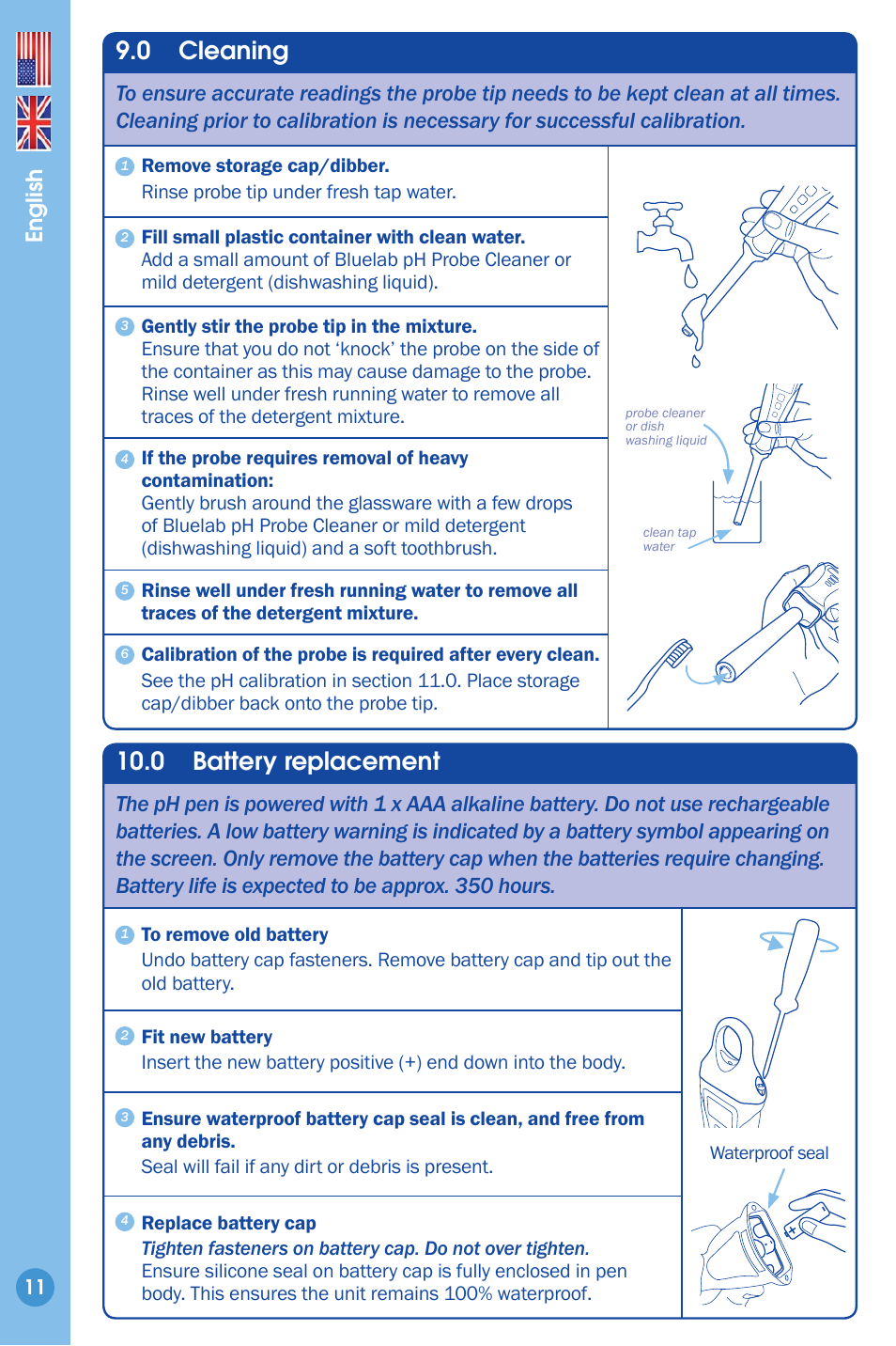 Cleaning 11 battery replacement, 0 cleaning, 0 battery replacement | English | Bluelab Soil pH Pen User Manual | Page 11 / 15