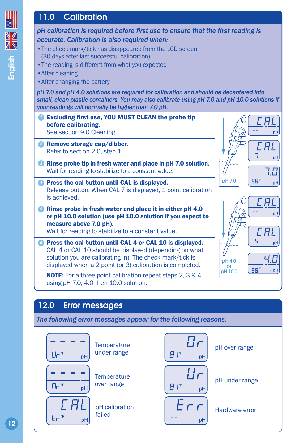 Calibration 12 error messages, 0 error messages, 0 calibration | English | Bluelab Soil pH Pen User Manual | Page 12 / 15