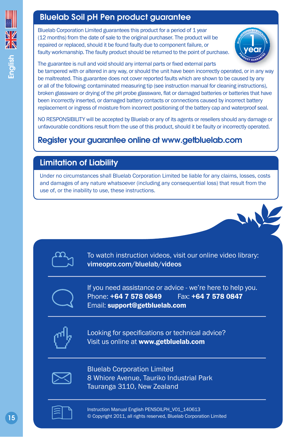 Product guarantee, Contact details, Bluelab soil ph pen product guarantee | Bluelab Soil pH Pen User Manual | Page 15 / 15