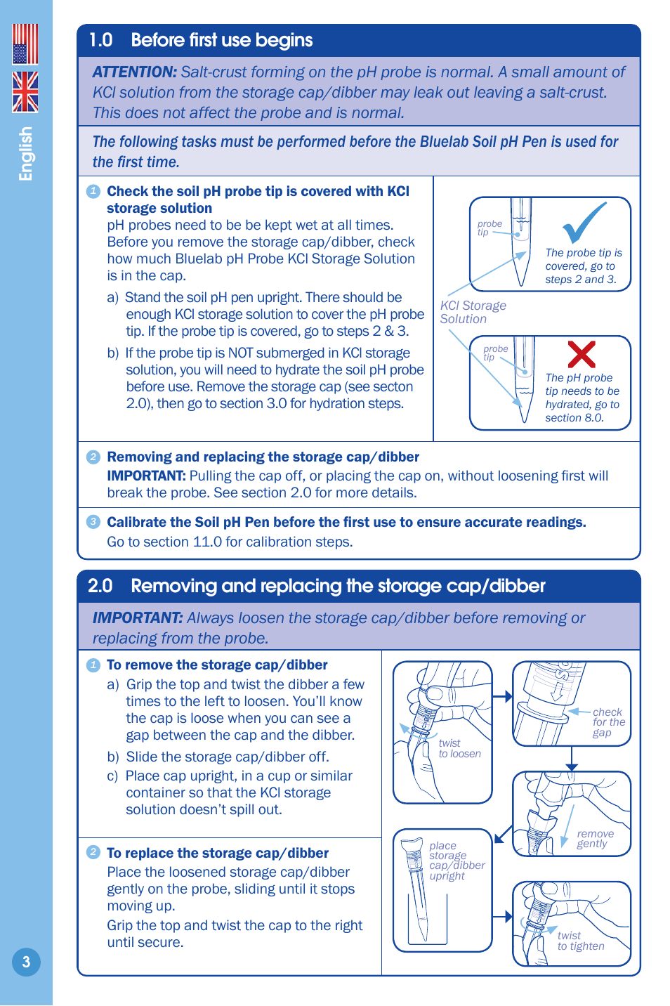 Features 2 quick guide, Before fi rst use begins, Removing and replacing the storage cap/dibber | 0 before fi rst use begins, 0 removing and replacing the storage cap/dibber, English | Bluelab Soil pH Pen User Manual | Page 3 / 15