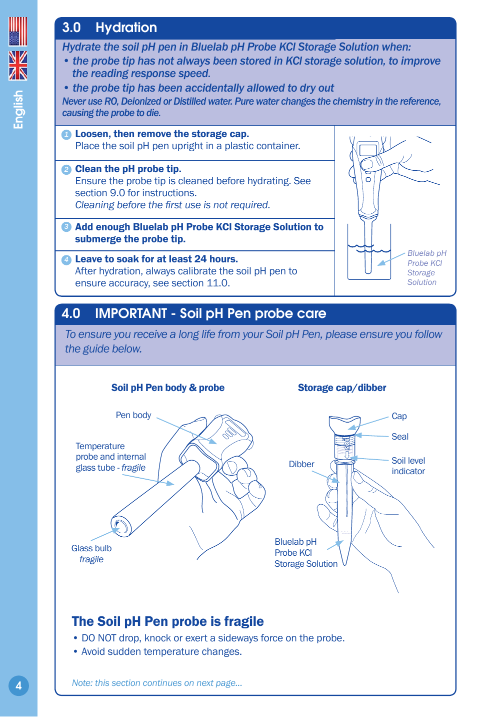 Hydration 4 important - soil ph pen probe care, The soil ph pen probe is fragile, 0 important - soil ph pen probe care | 0 hydration, English | Bluelab Soil pH Pen User Manual | Page 4 / 15