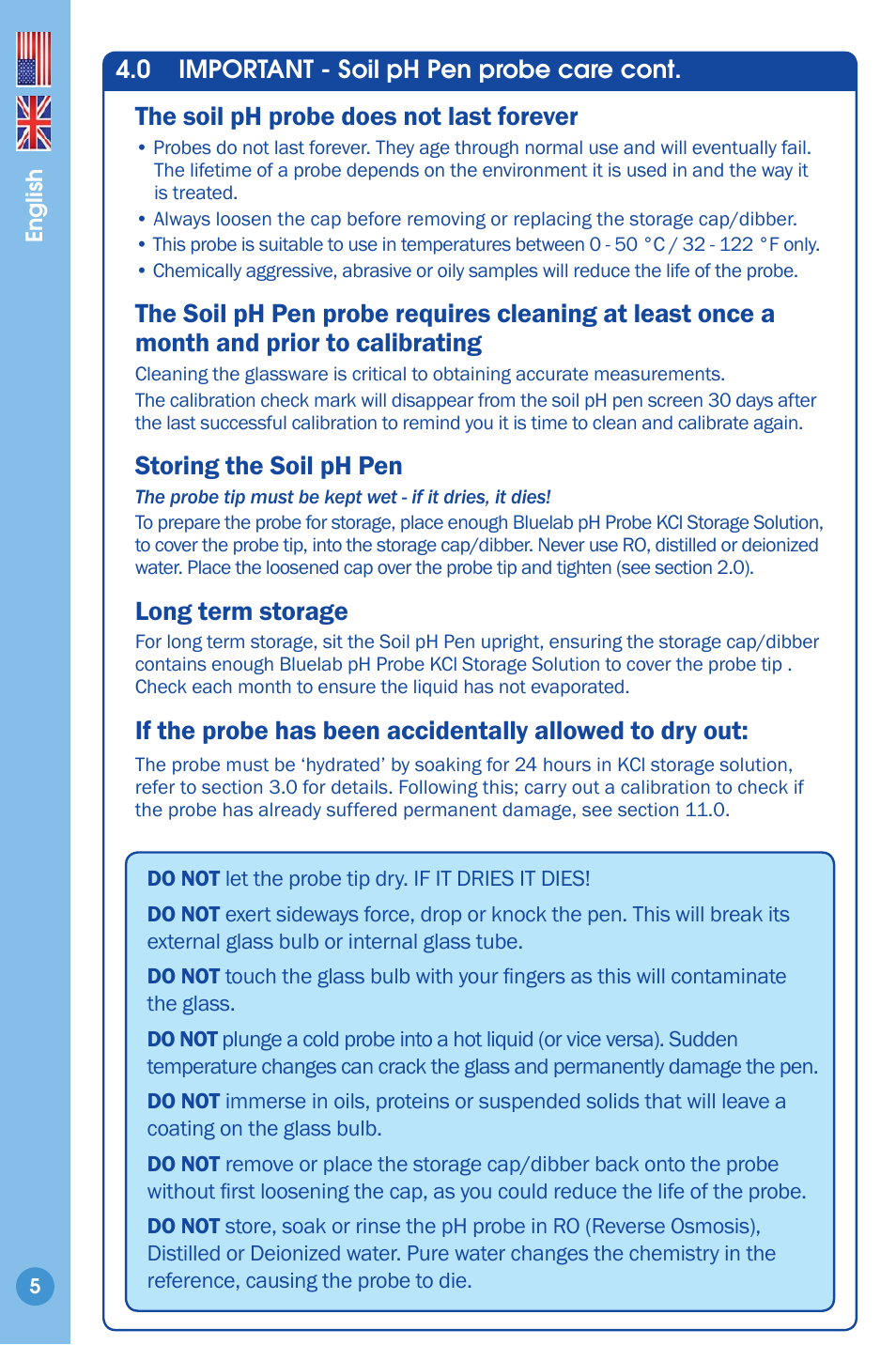 The soil ph probe does not last forever, Storing the soil ph pen, Long term storage | Bluelab Soil pH Pen User Manual | Page 5 / 15