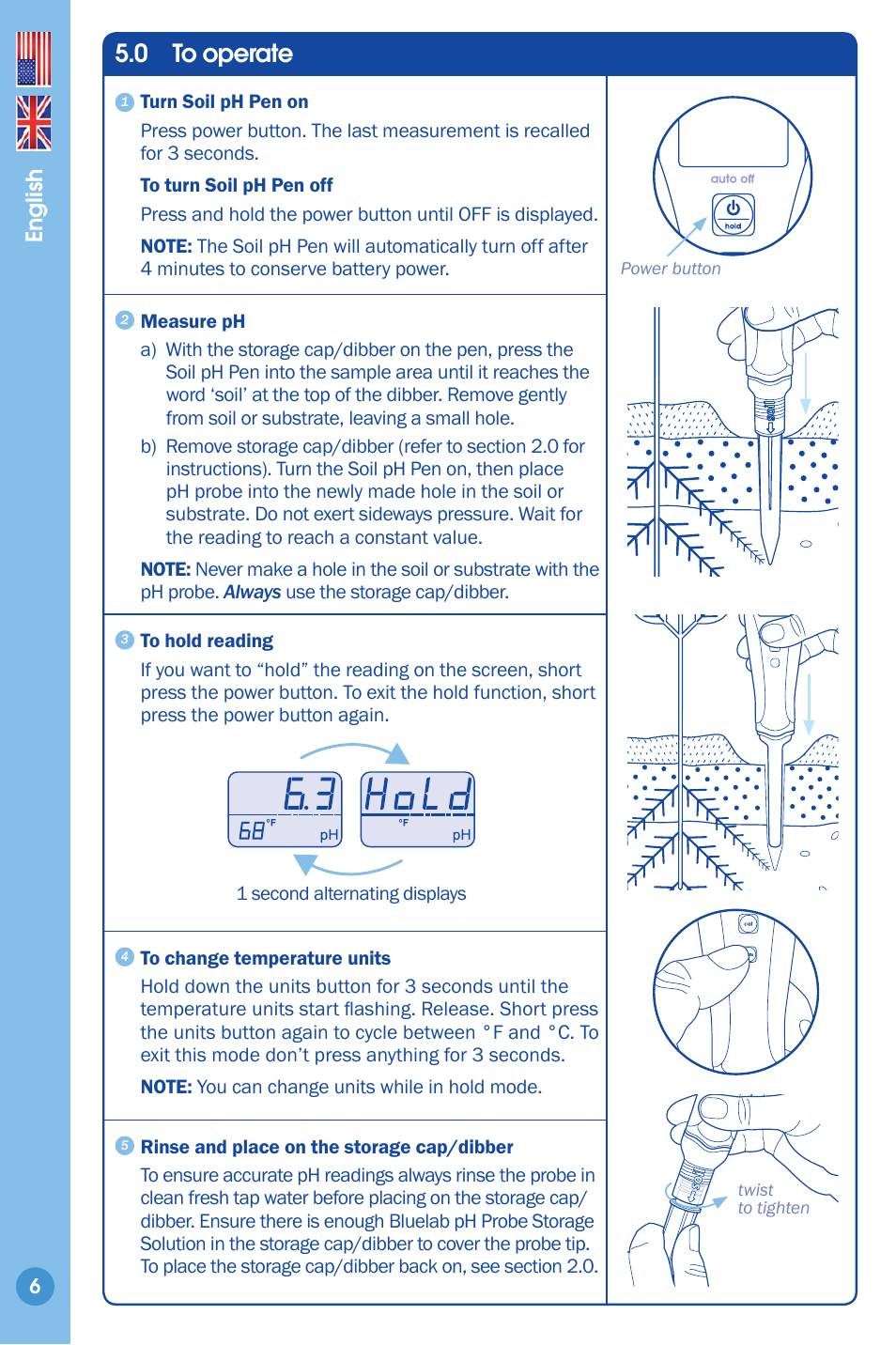 To operate, 0 to operate, English | Bluelab Soil pH Pen User Manual | Page 6 / 15
