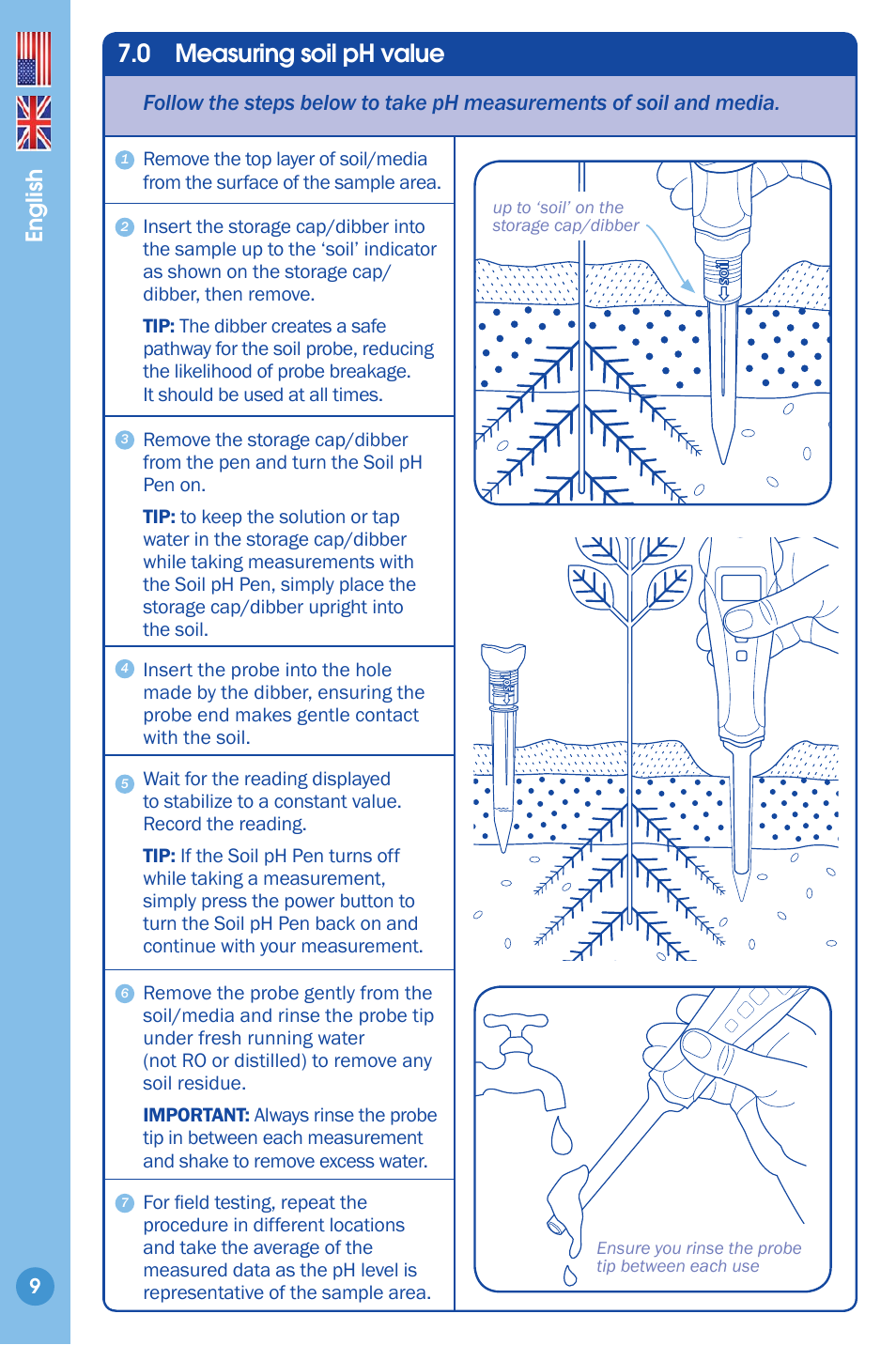 Measuring soil ph value, 0 measuring soil ph value, English | Bluelab Soil pH Pen User Manual | Page 9 / 15