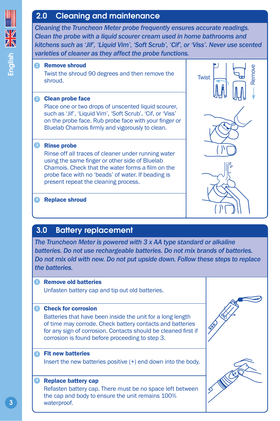 Cleaning and maintenance, Battery replacement, 0 cleaning and maintenance | 0 battery replacement, English | Bluelab Truncheon Meter User Manual | Page 3 / 8