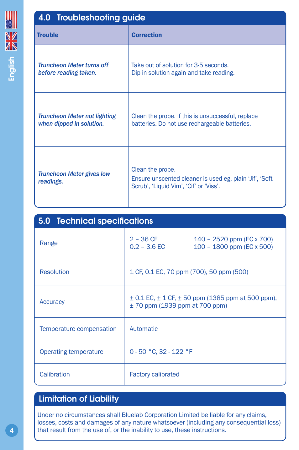 Troubleshooting guide, Technical specifi cations, 0 troubleshooting guide | 0 technical specifi cations, Limitation of liability | Bluelab Truncheon Meter User Manual | Page 4 / 8